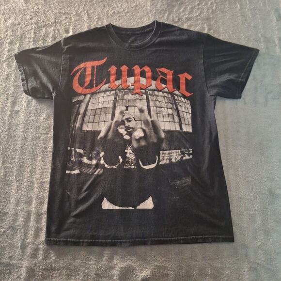 Tupac Shakur Shirt 2 Pac 90s Black Rap Hip Hop Size Medium Short Sleeve - Picture 1 of 6